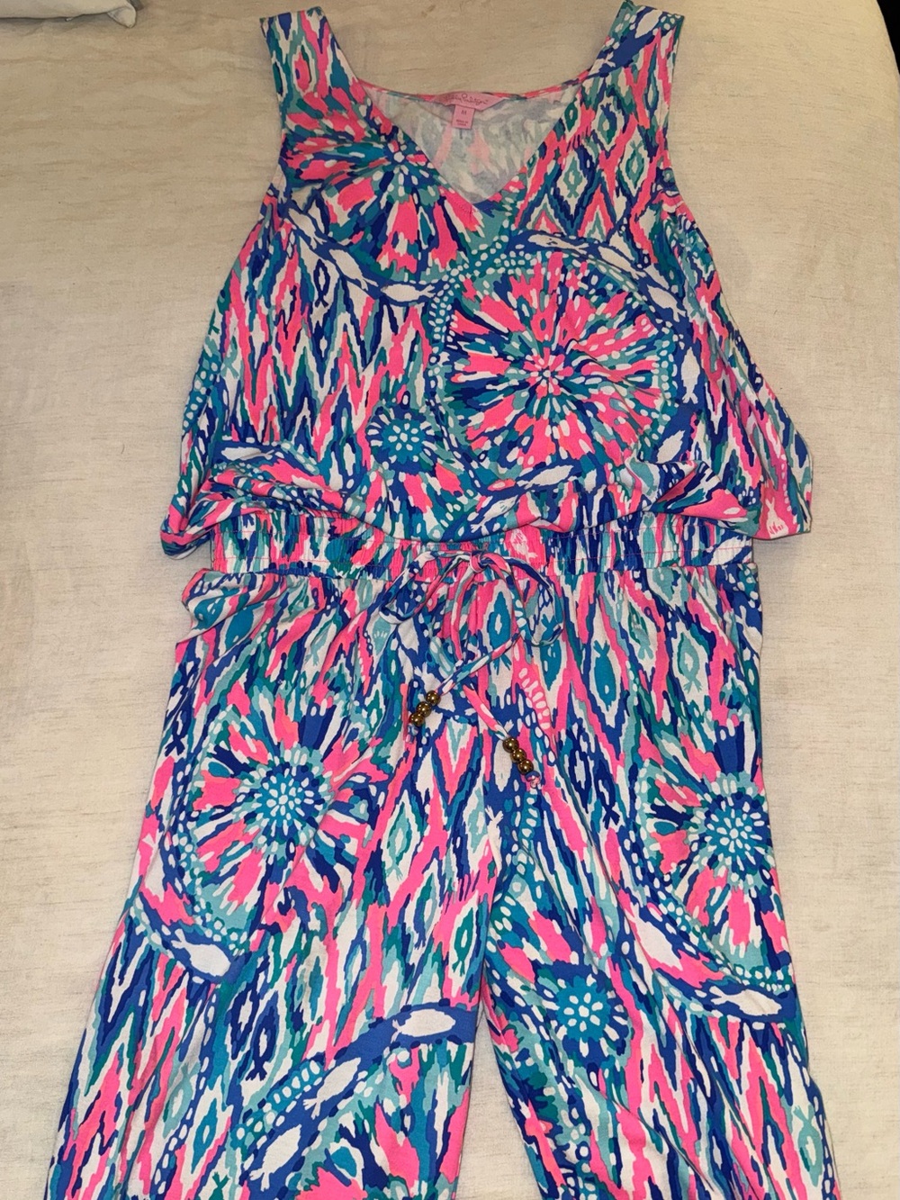 Lilly Pulitzer Sleeveless V-Neck Printed Jumpsuit in Pink & Blue - Picture 2 of 7
